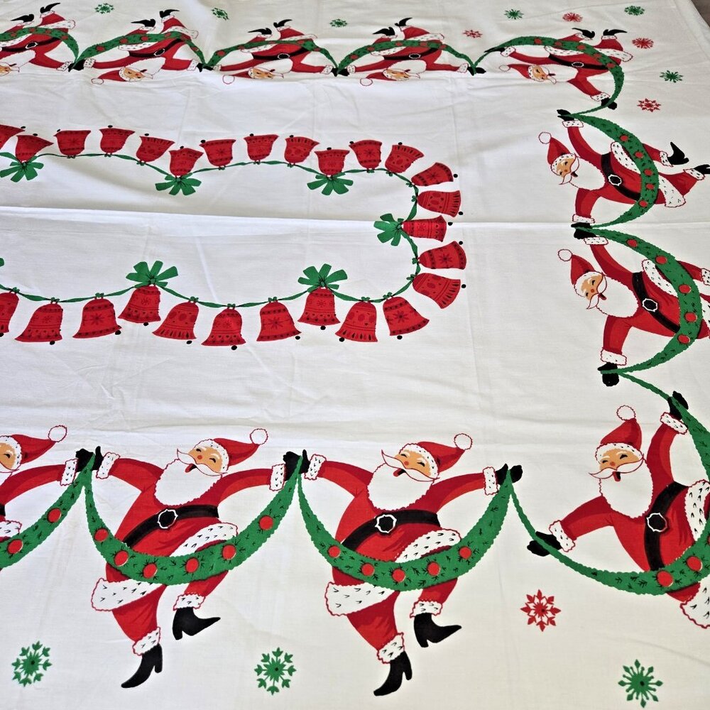 Vintage Tablecloth Christmas Dancing Santa 1950s 60s Mid Century - Picture 5 of 11